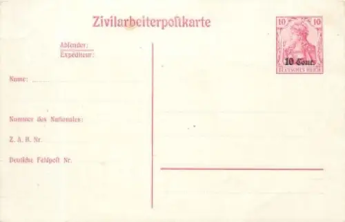 Etappengebiet West Zivilarbeiterpostkarte Ganzsache 10 Cent. auf 10 Pfennig Germania
