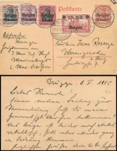 Belgien 10 Centimes Ganzsache 10 Pfennig Germania mit Zusatzfrankatur Michel 5 bis 8 o Brügge 7.5.1915
