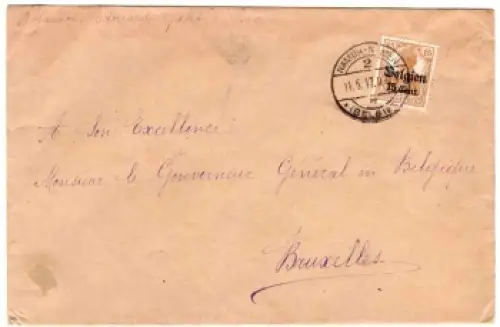 Belgien 15 Cent. auf 15 Pfennig Germania Michel 15 Einzelfrankatur auf Brief o Namur 11.5.1917