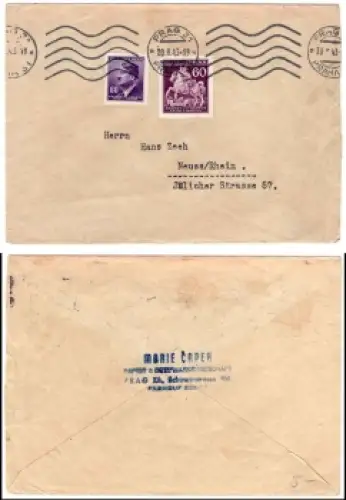 Böhmen und Mähren Michel 113 und 93 auf Brief o Prag 31 20.2.1943 nach Neuss