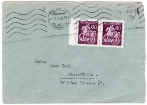 Böhmen und Mähren Michel 113Tag der Briefmarke auf Brief o Prag 25 11.1.1943 nach Neuss