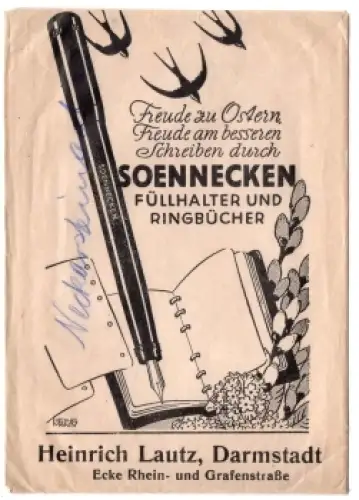 Füllhalter Reklame Soennecken Heinrich Lautz Darmstadt Verpackungstüte um 1930