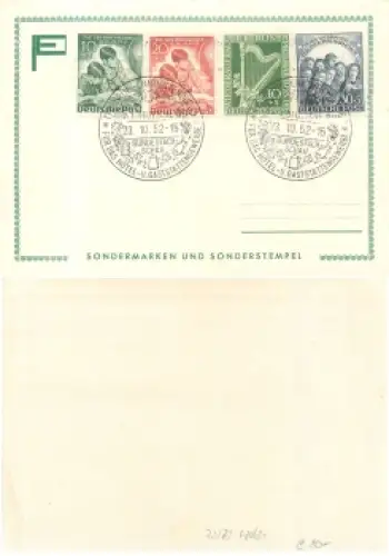 Berlin Michel 72-73 und 80-81 o  auf Karte mit Sonderstempel Bundesfachschau Berlin 23.10.1952