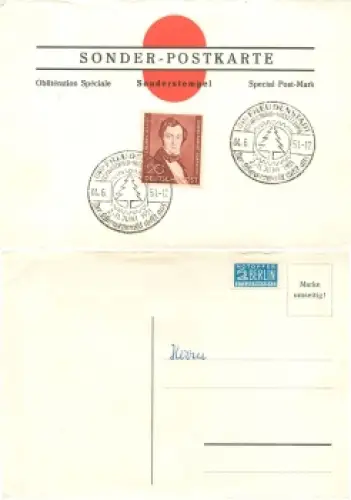Berlin Michel 74 Albert Lortzing auf Karte mit Sonderstempel Schwarzwald Ausstellung 1951