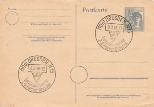 12 Pfennig Ganzsache mit Sonderstempel Landeskonferenz VVN Dresden N15 8.2.1948