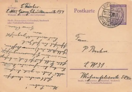 SBZ 6 Pfennig Orts Ganzsache o Leipzig 9.11.1945 nach Leipzig W 31