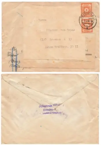 SBZ Michel 58  senkrechter Streifen Mehrfachfrankatur auf Ortsbrief Dresden 3.6.1946
