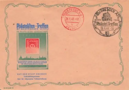 SBZ Philatelisten Treffen Dresden roter Bezahlt Stempel 26.6.1948