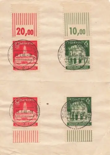 SBZ Wiederaufbau Michel 64 65 je Ober und Unterrand auf Papier o Dresden Loschwitz 14.3.1945