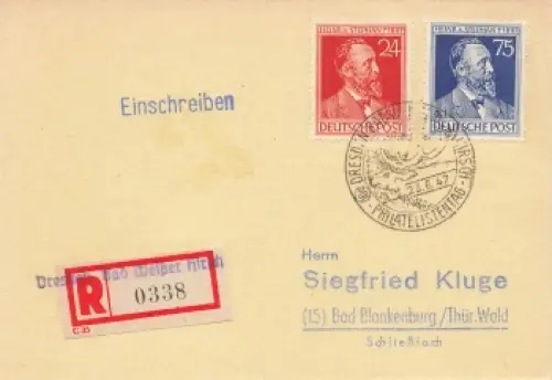 Heinrich von Stephan Michel 963 964 auf R-Brief Sonderstempel Philatelistentag Dresden Weisser Hirsch 23.6.1947