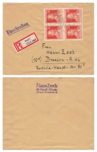 Heinrich von Stephan Michel 963 vierer Block auf R-Brief o Neuss1 16.5.1947 nach Dresden