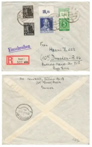Heinrich von Stephan Michel 964 Mischfrankatur auf R-Brief o Neuss1 27.10.1947 nach Dresden