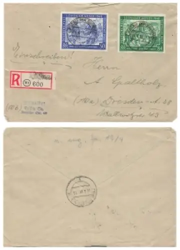 Leipziger Messe 1948 Michel 867 968 auf R-Brief  o Lastau 14.4.1948 nach Dresden