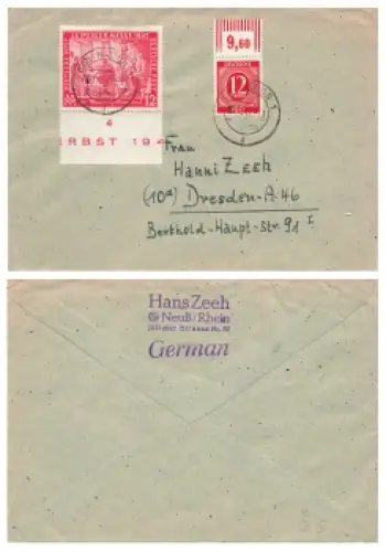 Leipziger Messe 1947 Michel 965 auf Brief o Neuss1 5.10.1947 nach Dresden