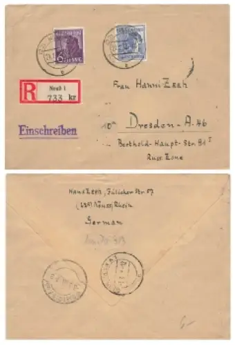 Kontrollratsausgabe Michel 944 957 auf R-Brief o Neuss1 21.2.1948 nach Dresden