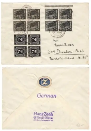 Kontrollratsausgabe Michel 912 943 Rand Viererblocks auf Brief o Neuss 12.9.1947 nach Dresden