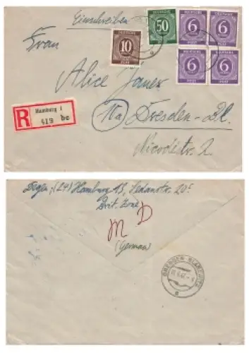 Kontrollratsausgabe Bundfrankatur auf R-Brief o Hamburg 1 10.6.1947 nach Dresden Blasewitz