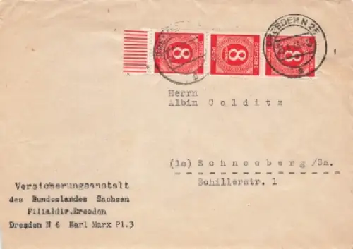 Kontrollratsausgabe Michel 917 Unterrand dreierstreifen Brief o Dresden N25 23.5.1946 nach Schneeberg