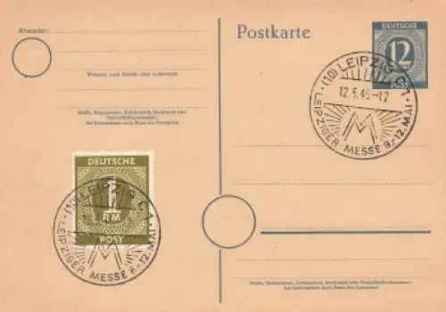 Kontrollratsausgabe Michel 937 auf Ganzsache Sonderstempel Leipziger Messe 12.5.1946