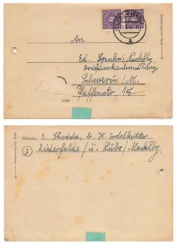 SBZ Mecklenburg Michel 10 senkrechter streifen auf Brief o Lübz 11.1.1946