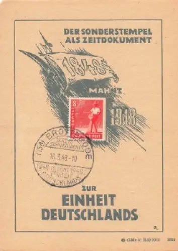 zur Einheit Deutschlands Anlasskarte 1948 Sonderstempel Brotterode 18.3.1948