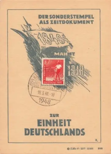 zur Einheit Deutschlands Anlasskarte 1948 Sonderstempel Kaltennordheim 18.3.1948