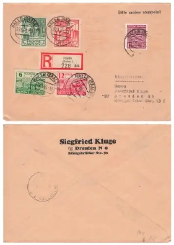 SBZ Michel 80y 85 86 87 88 auf R-Brief o Halle Saale 27.3.1946 nach Dresden
