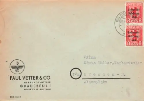 SBZ Berlin Michel 202A senkrechter Streifen auf Ortsbrief o Dresden N23 1.12.1948
