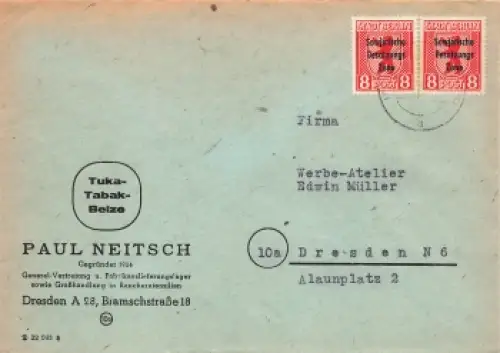 SBZ Berlin Michel 202A waagerechtes Paar auf Ortsbrief o Dresden 10.11.1948