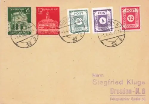 SBZ Ost Sachsen Ziffernserie Post auf Karte o Dresden N 1.4.1946