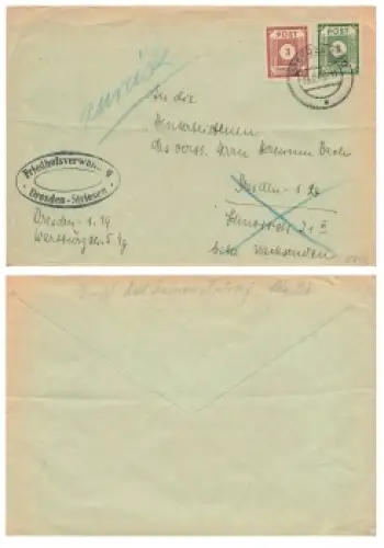 SBZ Ost Sachsen Ziffernserie Post Michel 56 57 auf Ortsbrief o Dresden A20 13.2.1946