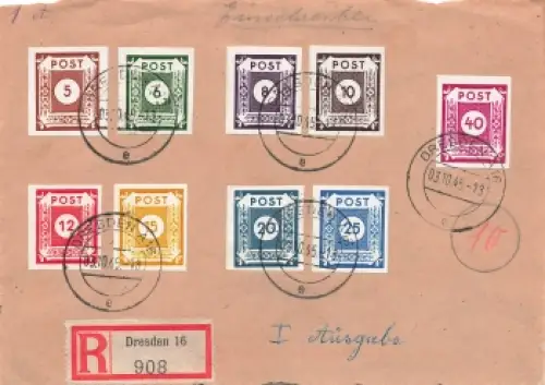 SBZ Ost Sachsen Ziffernserie Post Michel 42 -50 auf Briefvorderseite o Dresden A16 3.10.1945