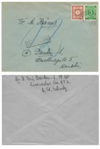 SBZ Ost Sachsen Ziffernserie Post Mischfrankatur auf Ortsbrief Nachporto o Dresden Altst.19 2.3.1946