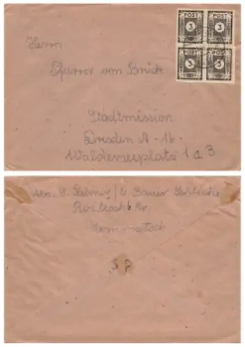 SBZ Ost Sachsen Ziffernserie Post Michel 51 viererblock auf Brief o Lommatzsch 21.2.1946