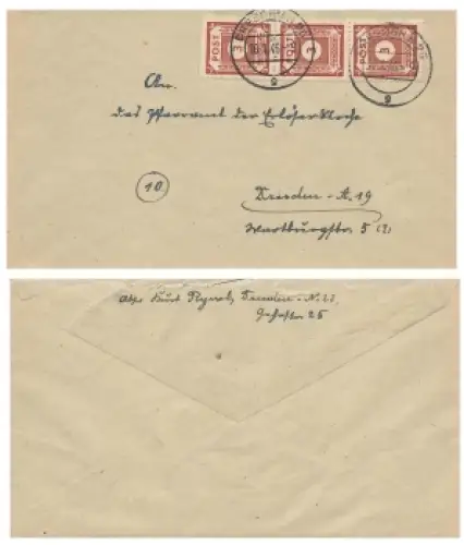 SBZ Ost Sachsen Ziffernserie Post Michel 56 senkrechter dreierstreifen auf Ortsbrief o Dresden N25 16.1.1946