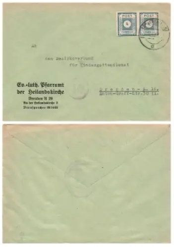 SBZ Ost Sachsen Ziffernserie Post Michel 53 waagerechtes Paar auf Ortsbrief o Dresden 8.12.1945