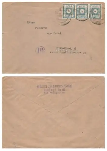 SBZ Ost Sachsen Ziffernserie Post Michel 53 waagerechter dreierstreifen auf Brief o Leubnitz Vogtland 19.12.1945