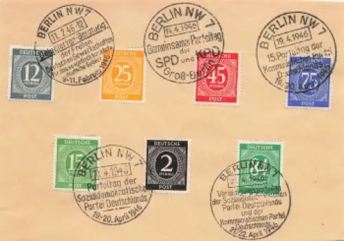 Kontrollratsausgabe mit verschiedenen Sonderstempeln Parteitag der SPD und KPD o Berlin NW7 19.4.1946