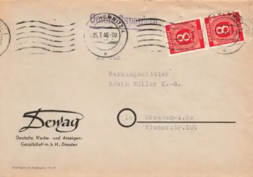 Kontrollratsausgabe Michel 917 senkrechtes Paar auf Brief o Chemnitz 4 25.7.1946