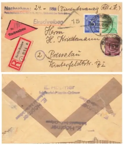 Kontrollratsausgabe Mischfrankatur auf Nachnahme Brief o Berlin Rudow 7.11.1947 nach Prenzlau