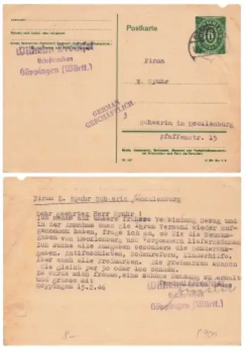 Amerikanische Zone Ganzsache P 901 o Göppingen 16.2.1946