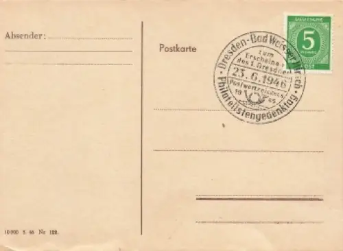 Kontrollratsausgabe Michel 915 Sonderstempel Philatelistengedenktag Dresden Bad Weisser Hirsch 23.6.1946