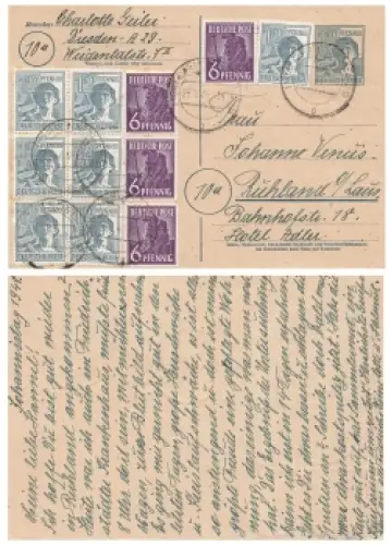 Kontrollratsausgabe Zehnfachfrankatur auf Ganzsache 12 Pfennig o Dresden A29 25.8.1948 nach Ruhland