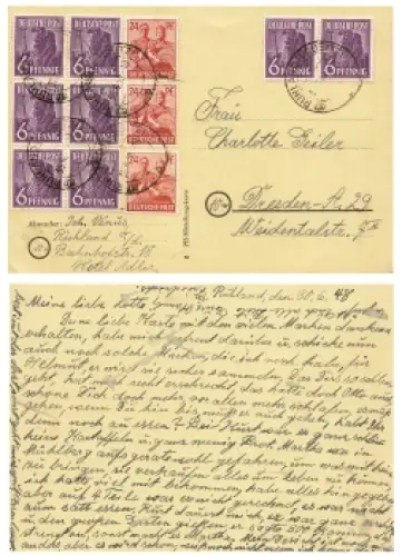 Kontrollratsausgabe Zehnfachfrankatur auf Karte o Ruhland 30.6.1948