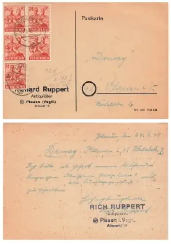 Kontrollratsausgabe Zehnfachfrankatur auf Karte o Plauen Vogtland 24.6.1948