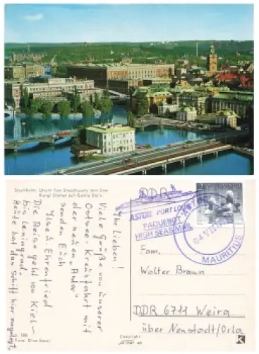 Astor Port Louis Paquebot High Seasmail Schiffspoststempel auf AK Stokholm 4.7.1987