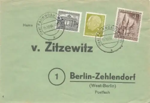 Berlin West Michel 106 auf Brief o Faurndau 15.10.1954 nach Berlin-Zehldendorf