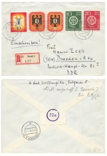 Berlin West Michel 136-139 auf R-Brief o Neuss 27.5.1956 nach Dresden