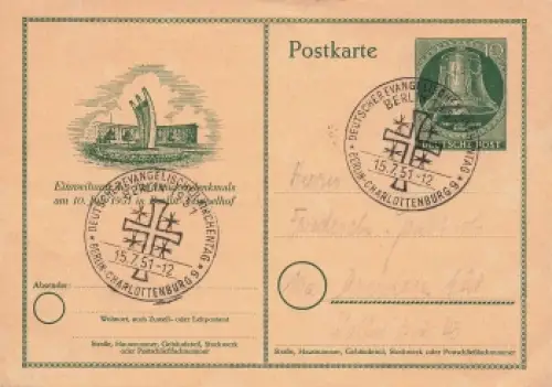 Berlin West Luftbrückendenkmal 10 Pfennig Ganzsache Sonderstempel Evangelischer Kirchentag 15.7.1951