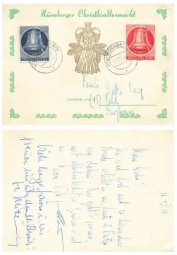 Berlin West Michel 84 85 auf Karte Christkindlesmarkt o Nürnberg 17.12.1955